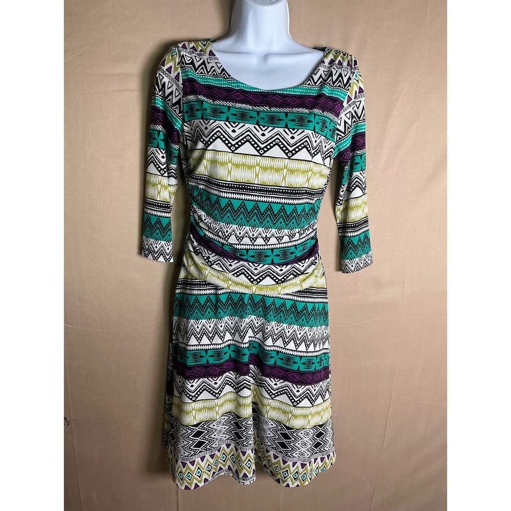 Enfocus Studio Geometric Tribal Print Ruched Sheath Dress Teal Purple Size 6 NEW